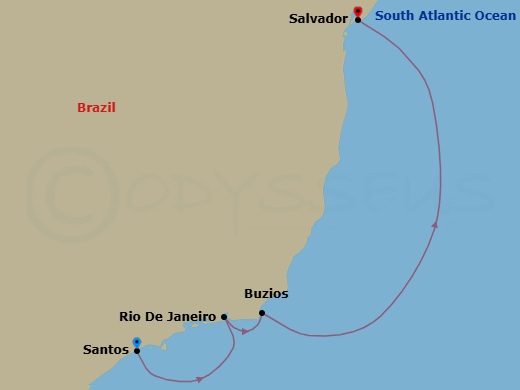 Route map: Santos (Sao Paulo) Brazil → Rio de Janeiro Brazil → Buzios Brazil → Salvador Brazil