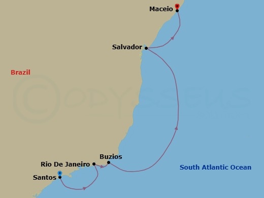 Route map: Santos (Sao Paulo) Brazil → Rio de Janeiro Brazil → Buzios Brazil → Salvador Brazil → Maceio Brazil