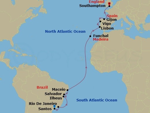 Route map: Santos → Rio De Janeiro → Ilheus → Salvador → Maceio → Funchal → Lisbon → Vigo → Gijon → Southampton