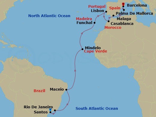 Route map: Santos → Rio De Janeiro → Maceio → Mindelo → Funchal → Lisbon → Casablanca → Malaga → Palma De Mallorca → Barcelona