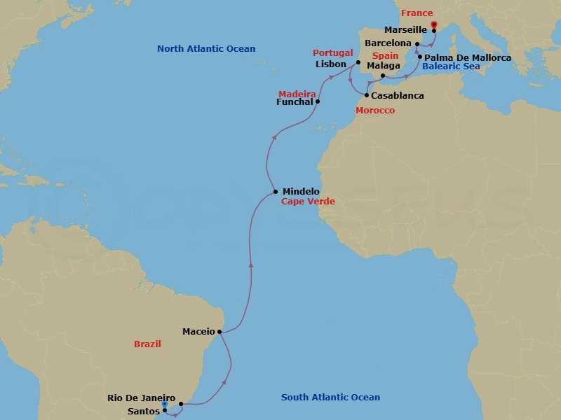 Route map: Santos → Rio De Janeiro → Maceio → Mindelo → Funchal → Lisbon → Casablanca → Malaga → Palma De Mallorca → Barcelona