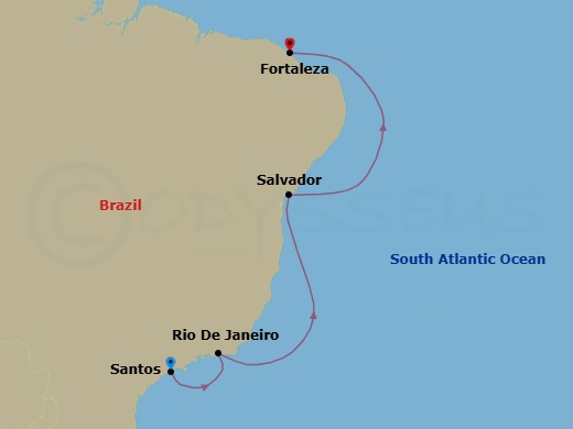 Route map: Santos (Sao Paulo) → Rio de Janeiro → SALVADOR BAHIA → FORTALEZA → PRAIA → Las Palmas (Gran Canaria) → Casablanca → Malaga → Leixes (Porto) → Vigo