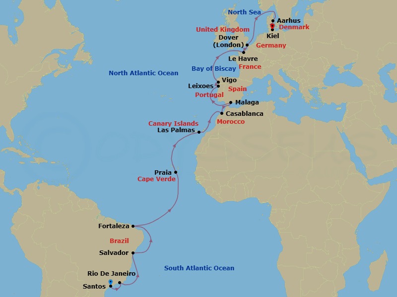 Route map: Santos (Sao Paulo) → Rio de Janeiro → SALVADOR BAHIA → FORTALEZA → PRAIA → Las Palmas (Gran Canaria) → Casablanca → Malaga → Leixes (Porto) → Vigo