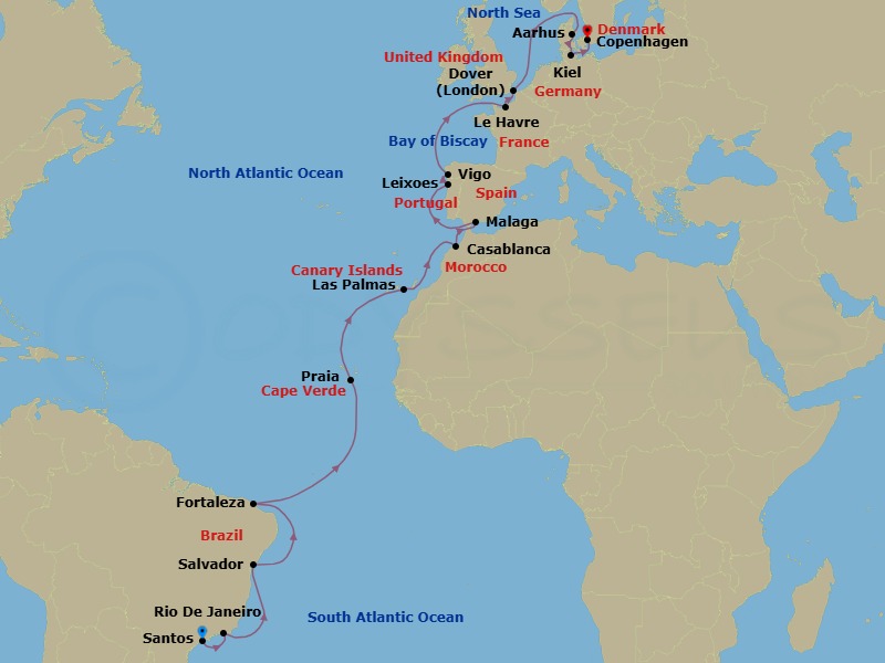 Route map: Santos (Sao Paulo) → Rio de Janeiro → SALVADOR BAHIA → FORTALEZA → PRAIA → Las Palmas (Gran Canaria) → Casablanca → Malaga → Leixes (Porto) → Vigo