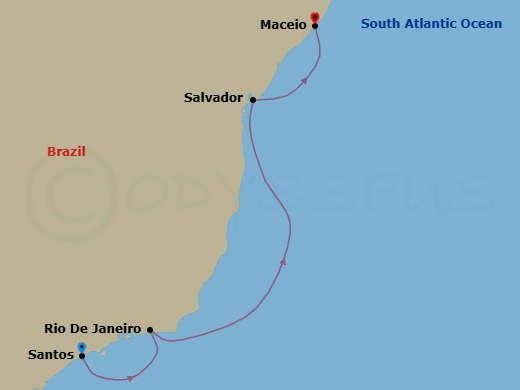 Route map: Santos (Sao Paulo) Brazil → Rio de Janeiro Brazil → Salvador Brazil → Maceio Brazil