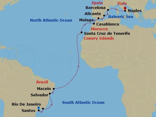 Route map: Santos (Sao Paulo) Brazil → Rio de Janeiro Brazil → Salvador Brazil → Maceio Brazil → Santa Cruz de Tenerife (Canary Is) Spain → Casablanca (Marrakech) Morocco → Malaga (Granada) Spain → Alicante Spain → Barcelona Spain → Naples (Pompeii) Italy
