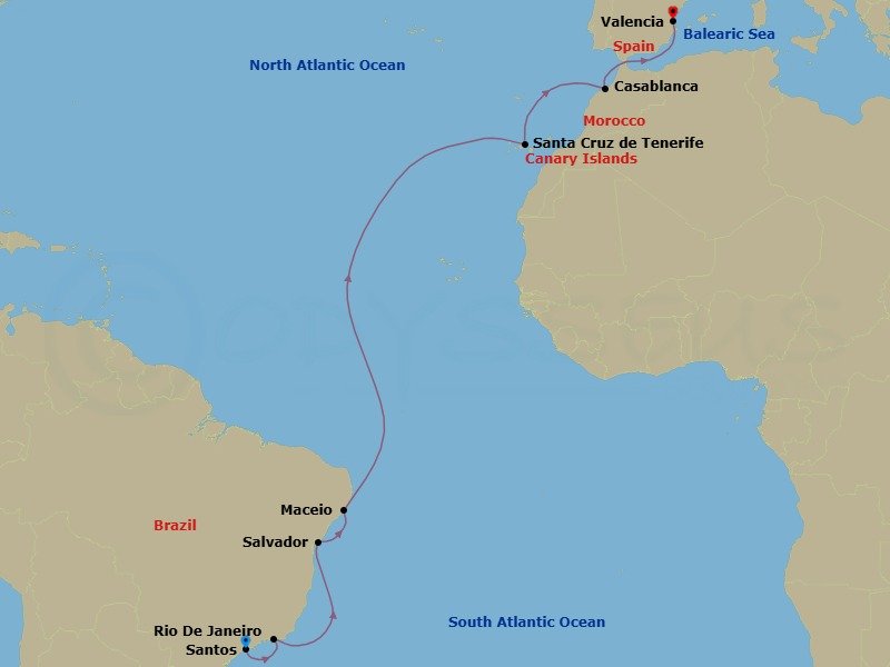 Route map: Santos → Rio De Janeiro → Salvador → Maceio → Santa Cruz de Tenerife → Casablanca → Valencia