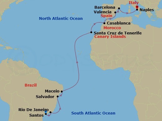 Route map: Santos → Rio De Janeiro → Salvador → Maceio → Santa Cruz de Tenerife → Casablanca → Valencia → Barcelona → Naples