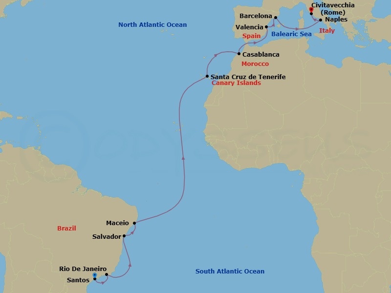 Route map: Santos → Rio De Janeiro → Salvador → Maceio → Santa Cruz de Tenerife → Casablanca → Valencia → Barcelona → Naples → Rome (Civitavecchia)