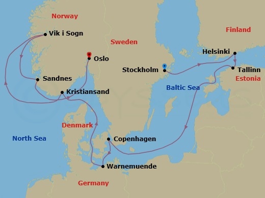 Route map: Stockholm Sweden → Helsinki Finland → Tallin Estonia → Copenhagen Denmark → Warnemunde (Berlin) Germany → Kristiansand Norway → Vik i Sogn Norway → Sandnes Norway → Oslo Norway