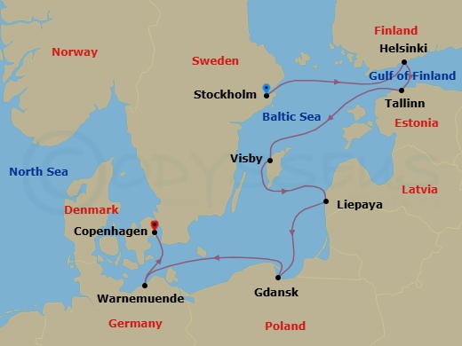 Route map: Stockholm → Helsinki → Tallinn → Visby → Liepaja → Gdansk (Gdynia) → Berlin (Warnemunde) → Copenhagen
