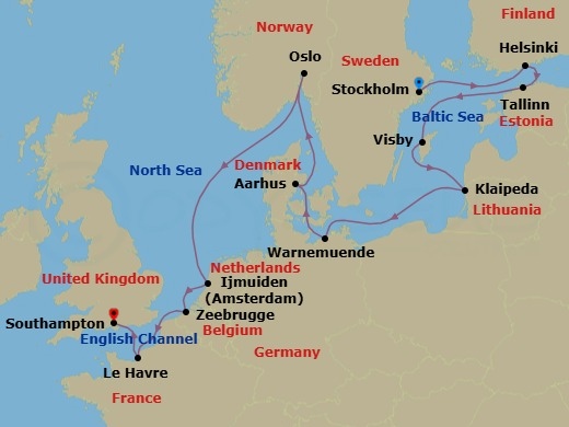 Route map: Stockholm → Helsinki → Tallinn → Visby → Klaipeda → Berlin (Warnemunde) → Aarhus → Oslo → Amsterdam (Ijmuiden) → Bruges (Zeebrugge)