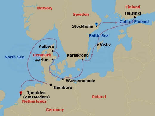 Route map: Stockholm → Helsinki → Visby → Karlskrona → Berlin (Warnemunde) → Aarhus → Aalborg → Hamburg → Amsterdam (Ijmuiden)