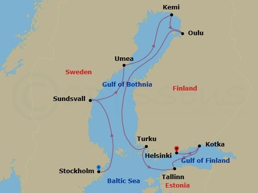 Route map: Stockholm → Sundsvall → Umea → Kemi → Oulu → Turku → Tallinn → Kotka → Helsinki