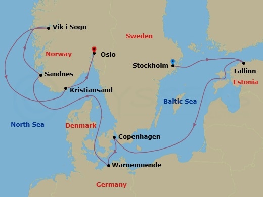 Route map: Stockholm Sweden → Tallin Estonia → Copenhagen Denmark → Warnemunde (Berlin) Germany → Sandnes Norway → Vik i Sogn Norway → Kristiansand Norway → Oslo Norway
