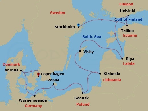 Route map: Stockholm → Tallinn → Helsinki → Riga → Visby → Klaipeda → Gdansk (Gdynia) → Ronne → Berlin (Warnemunde) → Aarhus
