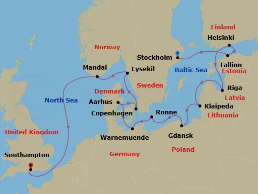 Route map: Stockholm → Tallinn → Helsinki → Riga → Klaipeda → Gdansk (Gdynia) → Ronne (Bornholm) → Berlin (Warnemunde) → Aarhus → Copenhagen