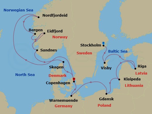 Route map: Stockholm → Visby (Gotland) → Riga → Klaipeda → Gdansk (Gdynia) → Berlin/Warnemunde → Copenhagen → Nordfjordeid → Bergen → Eidfjord