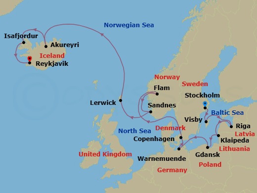 Route map: Stockholm → Visby (Gotland) → Riga → Klaipeda → Gdansk (Gdynia) → Berlin/Warnemunde → Copenhagen → Flam → Sandnes → Lerwick (Shetland Islands)