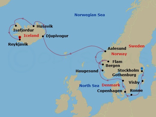 Route map: Stockholm → Visby → Ronne (Bornholm) → Copenhagen → Gothenburg → Haugesund → Flam (Sognefjord) → Bergen → Alesund → Djupivogur