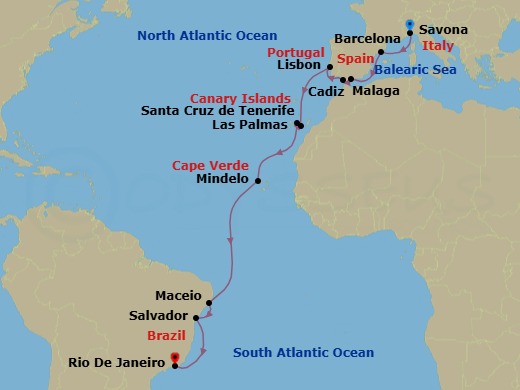 Route map: Savona → Barcelona → Malaga → Cadiz → Lisbon → Las Palmas (Gran Canaria) → Santa Cruz (Tenerife) → Mindelo (Sao Vicente) → Maceio → SALVADOR BAHIA