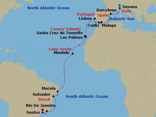 Route map: Savona → Barcelona → Malaga → Cadiz → Lisbon → Las Palmas (Gran Canaria) → Santa Cruz (Tenerife) → Mindelo (Sao Vicente) → Maceio → SALVADOR BAHIA