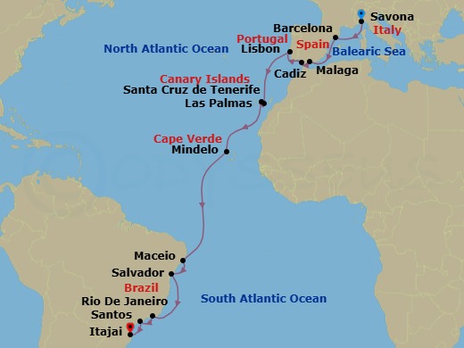 Route map: Savona → Barcelona → Malaga → Cadiz → Lisbon → Las Palmas (Gran Canaria) → Santa Cruz (Tenerife) → Mindelo (Sao Vicente) → Maceio → SALVADOR BAHIA