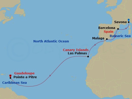 Route map: Savona → Barcelona → Malaga → Las Palmas (Gran Canaria) → Pointe-a-Pitre