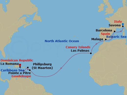 Route map: Savona → Barcelona → Malaga → Las Palmas (Gran Canaria) → Pointe-a-Pitre → Philipsburg → La Romana