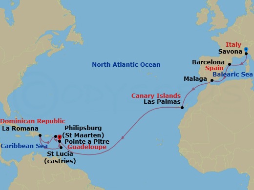 Route map: Savona → Barcelona → Malaga → Las Palmas (Gran Canaria) → Pointe-a-Pitre → Philipsburg → La Romana → Castries → Pointe-a-Pitre