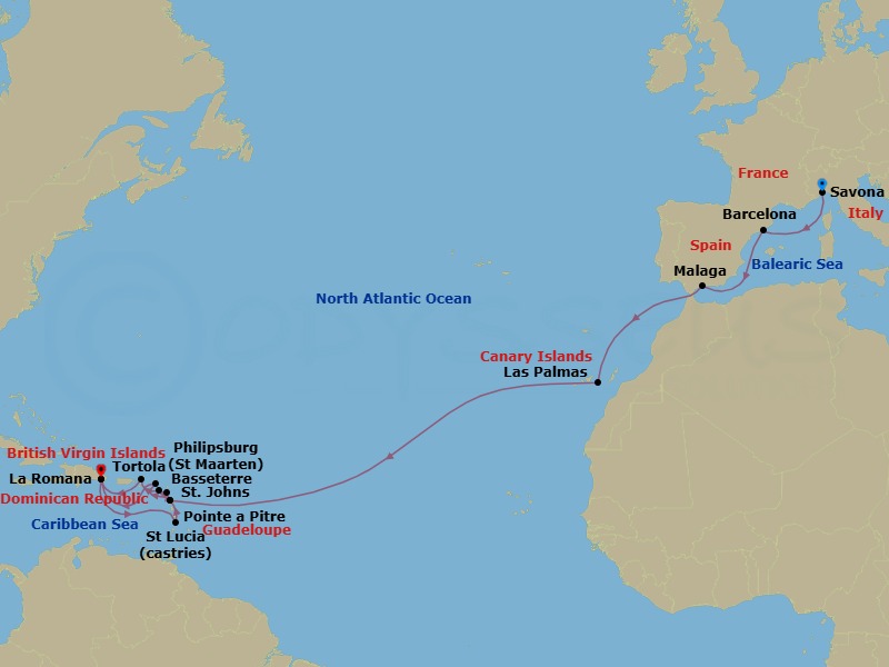 Route map: Savona → Barcelona → Malaga → Las Palmas (Gran Canaria) → Pointe-a-Pitre → Philipsburg → La Romana → Castries → Pointe-a-Pitre → St Johns (Antigua)