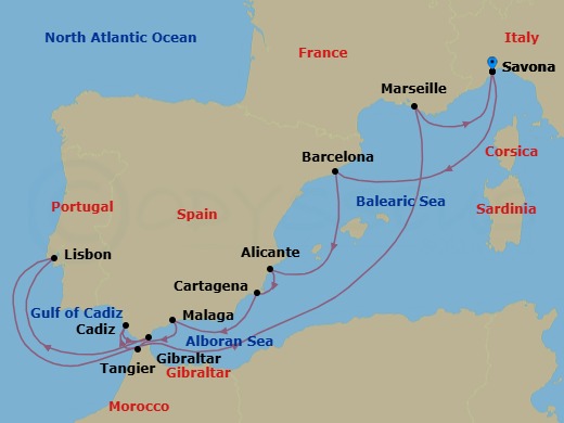 Route map: Savona → Barcelona → Alicante → Cartagena → Malaga → Tangier → Cadiz → Gibraltar → Lisbon → Marseille