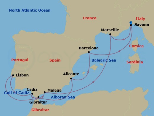 Route map: Savona → Barcelona → Alicante → Lisbon → Cadiz → Gibraltar → Malaga → Marseille → Savona
