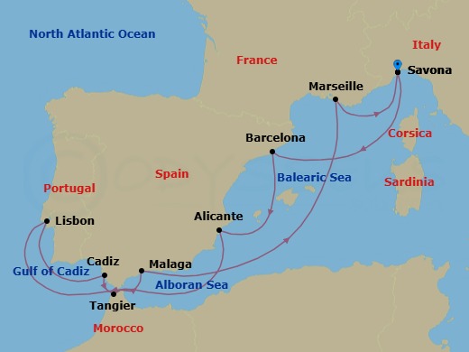 Route map: Savona → Barcelona → Alicante → Lisbon → Cadiz → Tangier → Malaga → Marseille → Savona