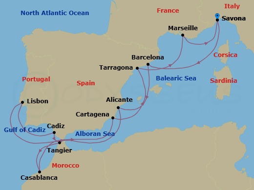 Route map: Savona → Barcelona → Alicante → Lisbon → Cadiz → Tangier → Casablanca → Cartagena → TARRAGONA → Marseille