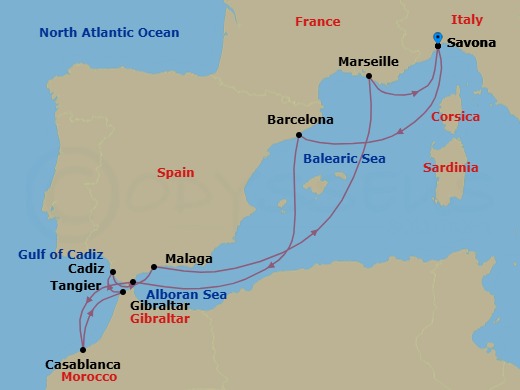 Route map: Savona → Barcelona → Gibraltar → Casablanca → Tangier → Cadiz → Malaga → Marseille → Savona