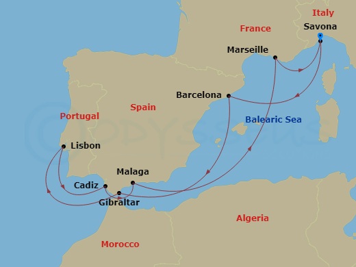 Route map: Savona → Barcelona → Gibraltar → Lisbon → Cadiz → Malaga → Marseille → Savona