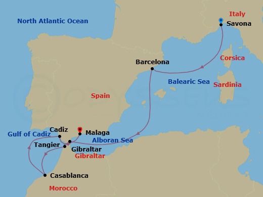 Route map: Savona → Barcelona → Gibraltar → Tangier → Casablanca → Cadiz → Malaga