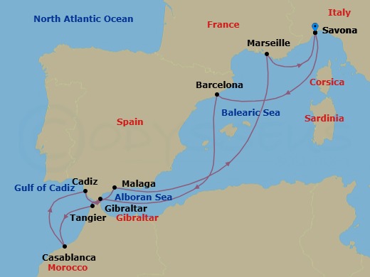 Route map: Savona → Barcelona → Gibraltar → Tangier → Casablanca → Cadiz → Malaga → Marseille → Savona