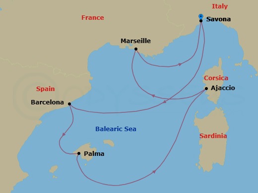 Route map: Savona → Barcelona → PALMA DE MALLORCA → Ajaccio (Corsica) → Marseille → Savona