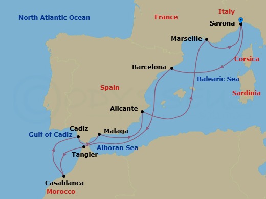 Route map: Savona → Barcelona → Tangier → Casablanca → Cadiz → Malaga → Alicante → Marseille → Savona