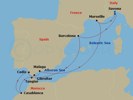 Route map: Savona (Italy) → Barcelona (Spain) → Tangier (Morocco) → Casablanca (Morocco) → Cadiz (Spain) → Gibraltar (Uk) → Malaga (Spain) → Marseille (France) → Savona (Italy)