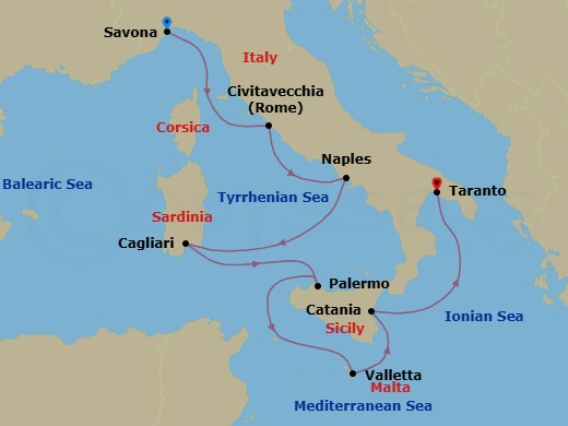 Route map: Savona → Civitavecchia (Rome) → Naples → Cagliari → Palermo → MALTA LA VALLETTA → Catania → Taranto