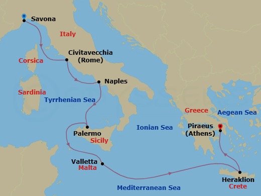 Route map: Savona → Civitavecchia (Rome) → Naples → Palermo → MALTA LA VALLETTA → Heraklion (Crete) → Piraeus (Athens)