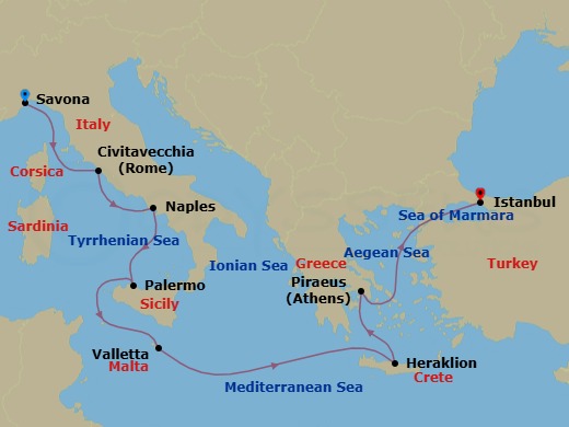 Route map: Savona → Civitavecchia (Rome) → Naples → Palermo → MALTA LA VALLETTA → Heraklion (Crete) → Piraeus (Athens) → Istanbul