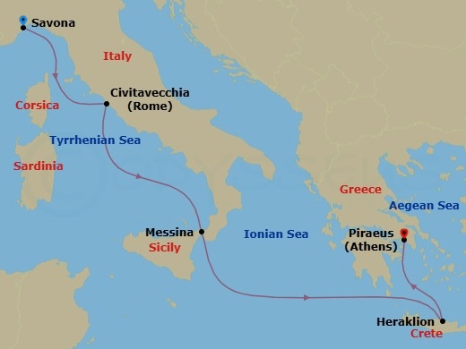 Route map: Savona → Civitavecchia (Rome) → Messina (Taormina) → Heraklion (Crete) → Piraeus (Athens)