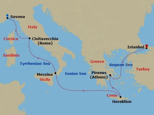 Route map: Savona → Civitavecchia (Rome) → Messina (Taormina) → Heraklion (Crete) → Piraeus (Athens) → Istanbul
