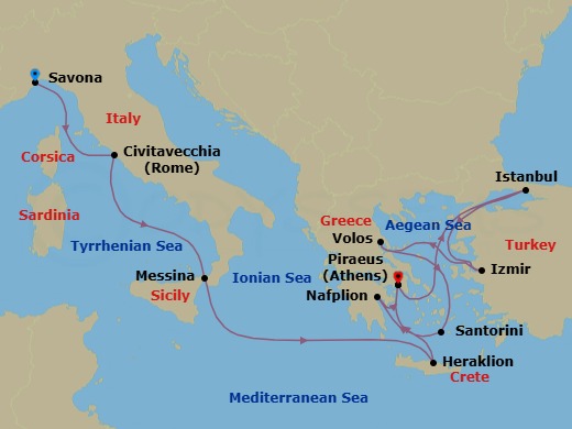 Route map: Savona → Civitavecchia (Rome) → Messina (Taormina) → Heraklion (Crete) → Piraeus (Athens) → Istanbul → Izmir → Volos (Meteora) → Thira (Santorini) → Nafplion