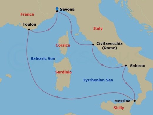 Route map: Savona → Civitavecchia (Rome) → Salerno (Amalfi Coast) → Messina (Taormina) → La Seyne(StTropez) → Savona