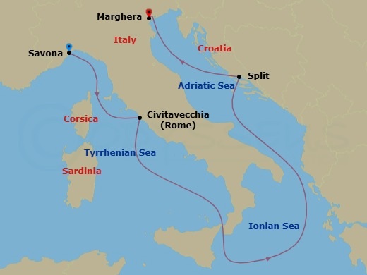 Route map: Savona → Civitavecchia (Rome) → Split → Marghera (Venice)